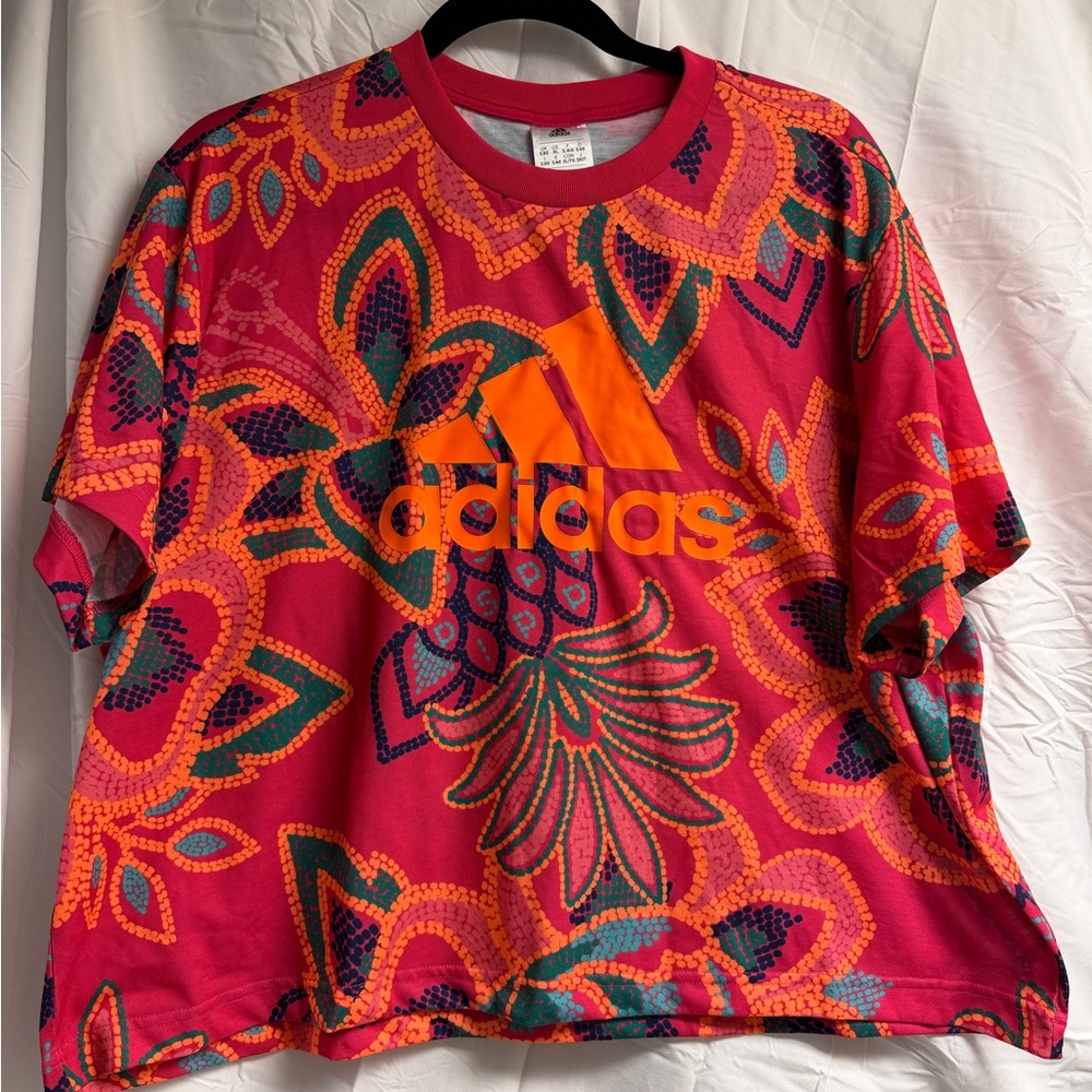 Adidas colab with FARM Rio Red and Orange Graphic Tee